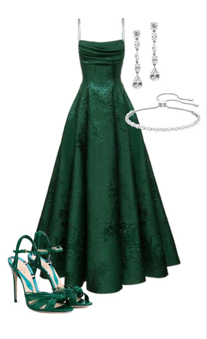 Emerald Green Floral Print A-line Long Prom Dresses Evening Party Dress,LTP4060
