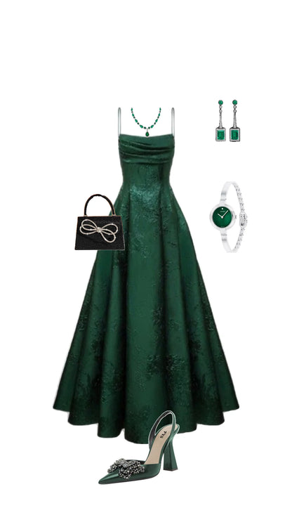 Emerald Green Floral Print A-line Long Prom Dresses Evening Party Dress,LTP4060