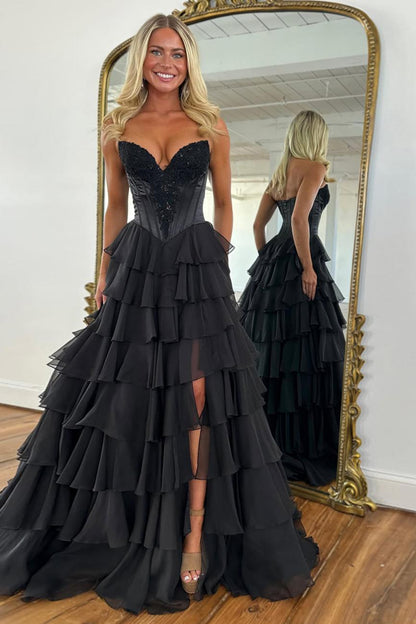 Emerald Green Sweetheart Corset Prom Dress with Tiered Ruffles and High Slit