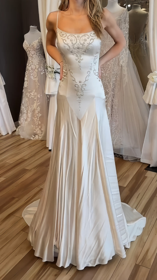 Exquisite Ivory Mermaid Long Wedding Dresses Appliques Satin Bridal Dress,LTP4101
