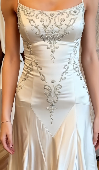 Exquisite Ivory Mermaid Long Wedding Dresses Appliques Satin Bridal Dress,LTP4101