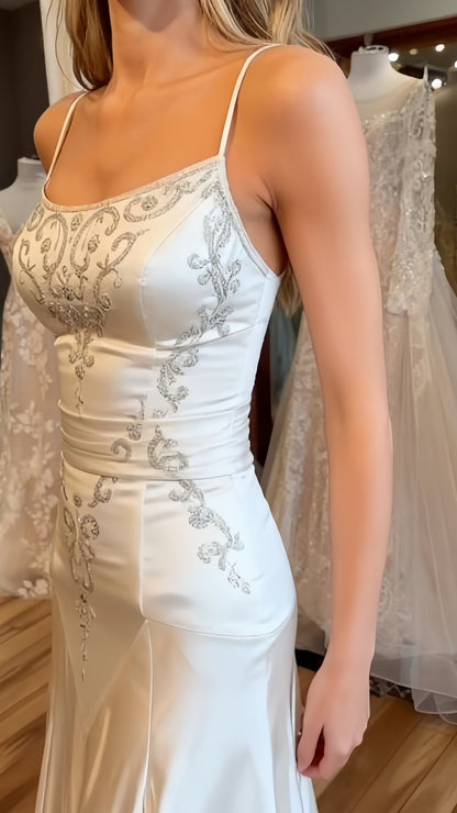 Exquisite Ivory Mermaid Long Wedding Dresses Appliques Satin Bridal Dress,LTP4101