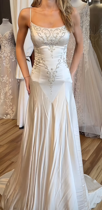 Exquisite Ivory Mermaid Long Wedding Dresses Appliques Satin Bridal Dress,LTP4101