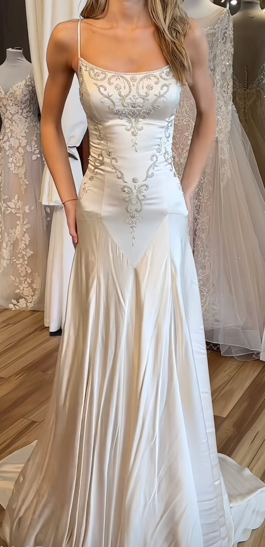 Exquisite Ivory Mermaid Long Wedding Dresses Appliques Satin Bridal Dress,LTP4101