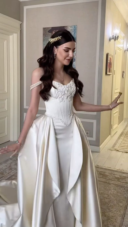 Exquisite Ivory Satin Wedding Dresses Slim Beaded Appliques Bridal Dress,LTP4194