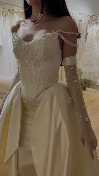 Exquisite Ivory Satin Wedding Dresses Slim Beaded Appliques Bridal Dress,LTP4194