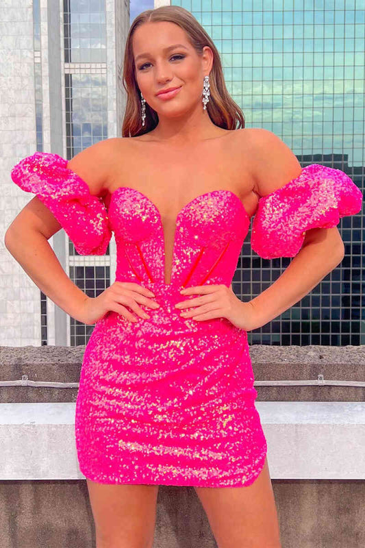 LTP1752,Sweetheart Puff Sleeves Hot Pink Tight Homecoming Dress
