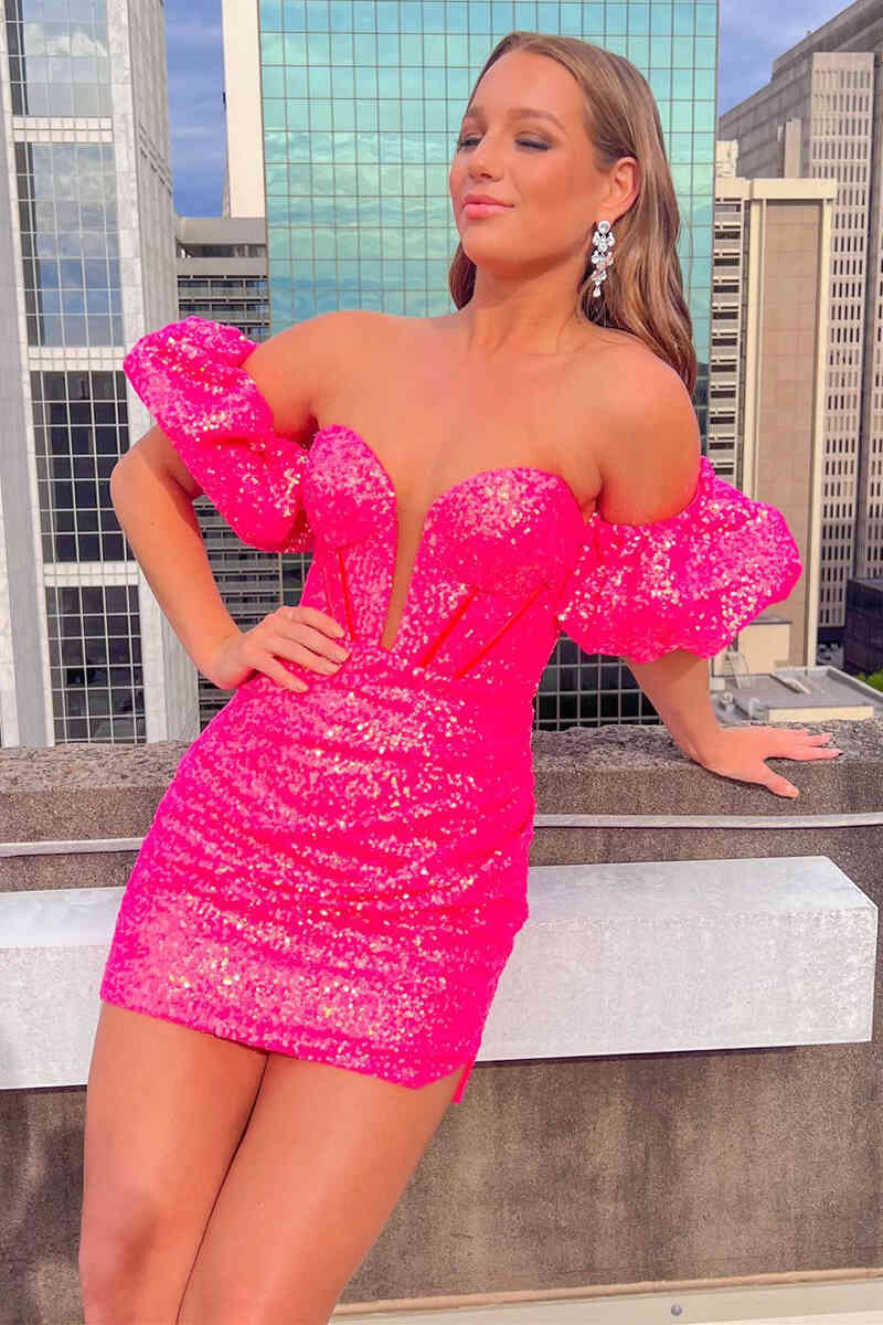 LTP1752,Sweetheart Puff Sleeves Hot Pink Tight Homecoming Dress