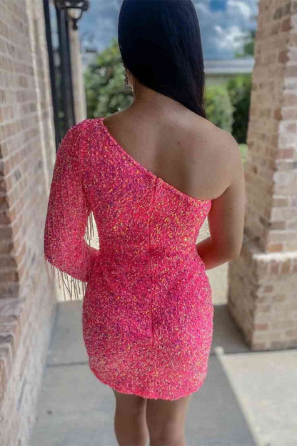 Sky Blue Sheath Long Sleeve Fringe Sequins Mini Party Dresses