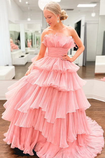 Ruffles Pleated A-Line Organza Long Prom Dresses