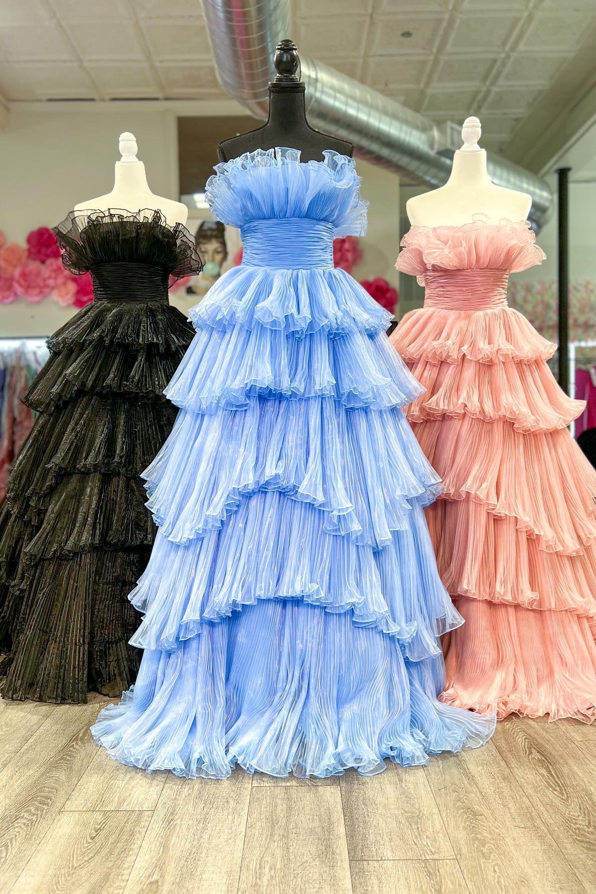 Ruffles Pleated A-Line Organza Long Prom Dresses