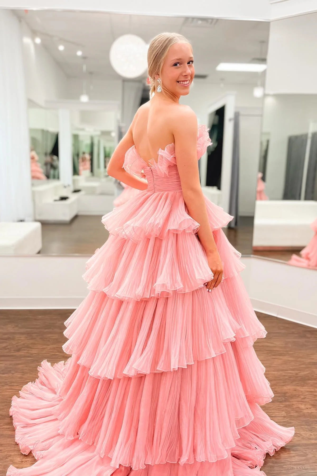 Ruffles Pleated A-Line Organza Long Prom Dresses