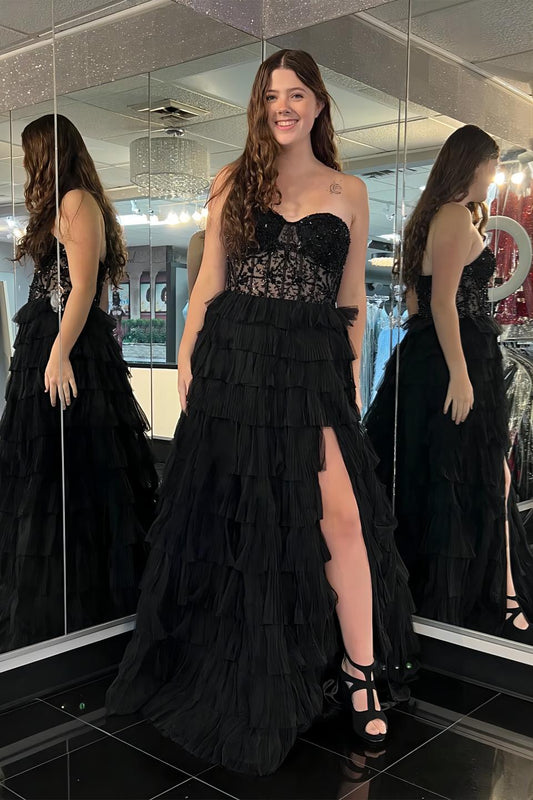 Black Multi Layers Tulle Lace Evening Prom Dress