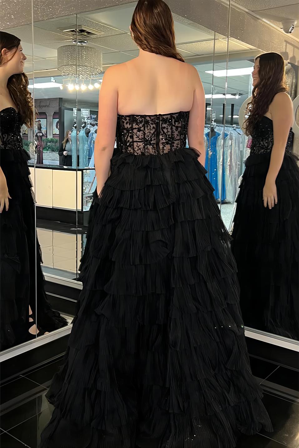 Black Multi Layers Tulle Lace Evening Prom Dress