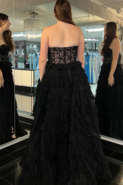 Black Multi Layers Tulle Lace Evening Prom Dress