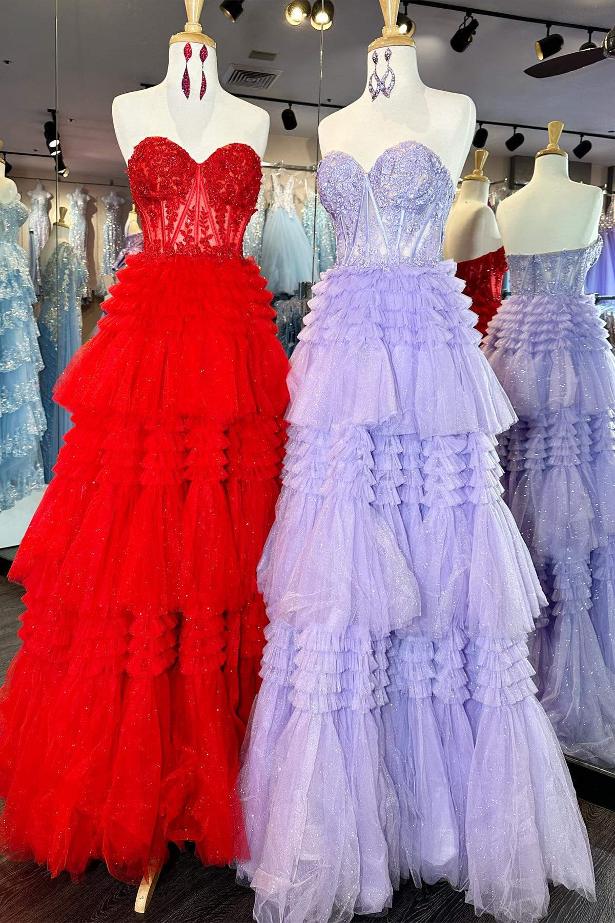 Sweetheart Red Lace Tulle Prom Formal Dress