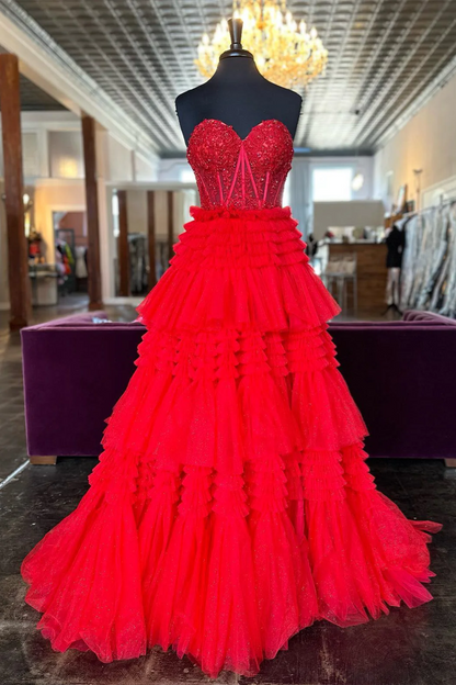 Sweetheart Red Lace Tulle Prom Formal Dress