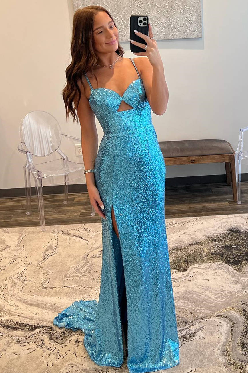 Sheath Double Straps Blue Sequins Long Prom Dress