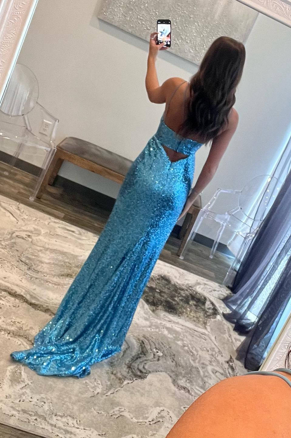 Sheath Double Straps Blue Sequins Long Prom Dress