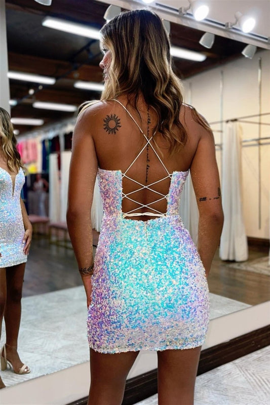 White Bodycon Deep V Neck Sequins Mini Party Dresses