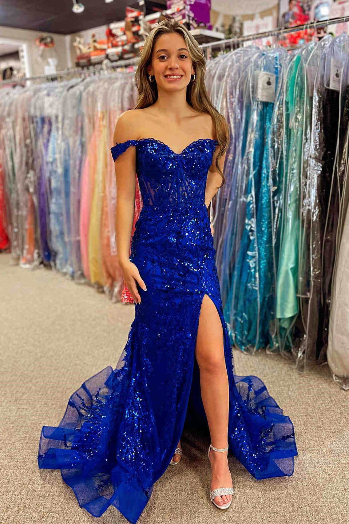 Off The Shoulder Lace Sequins Long Prom Dress