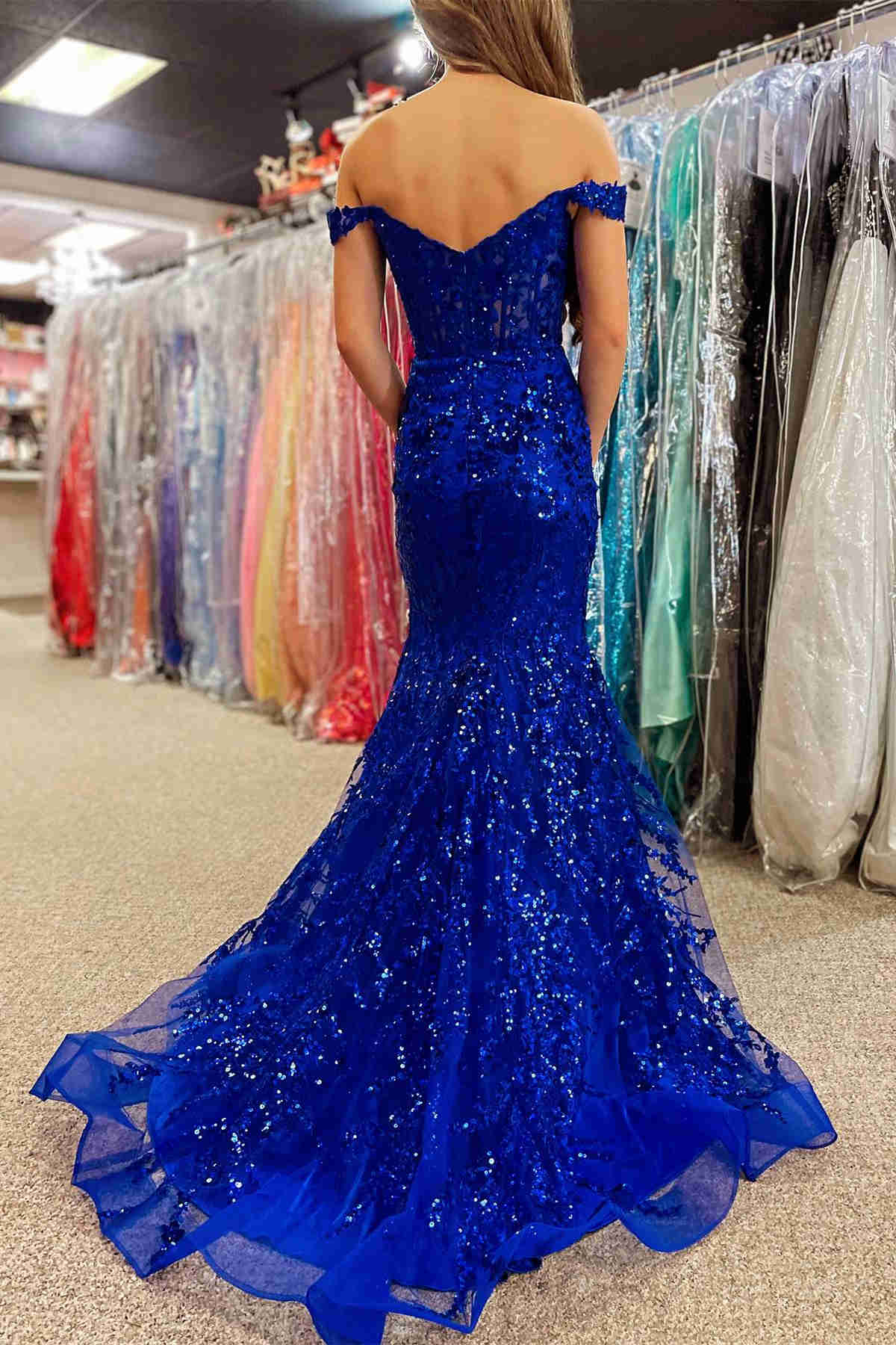 Off The Shoulder Lace Sequins Long Prom Dress