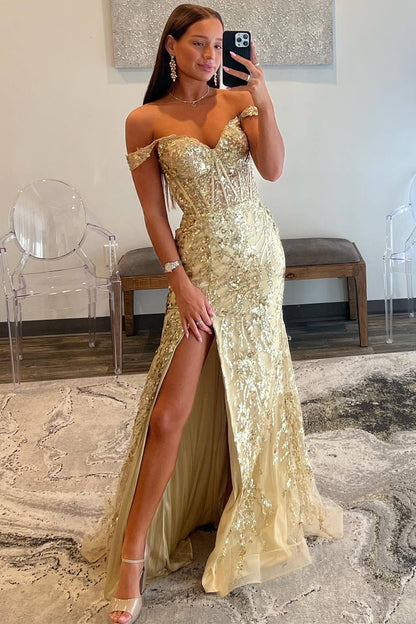 Off The Shoulder Lace Sequins Long Prom Dress