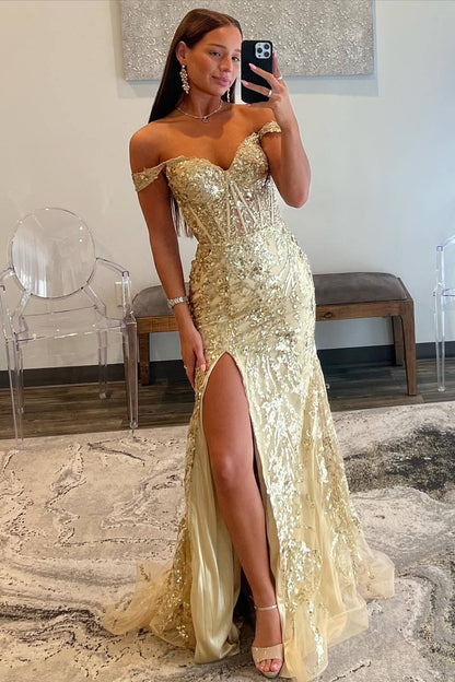 Off The Shoulder Lace Sequins Long Prom Dress