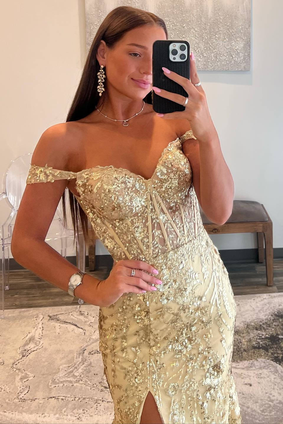 Off The Shoulder Lace Sequins Long Prom Dress