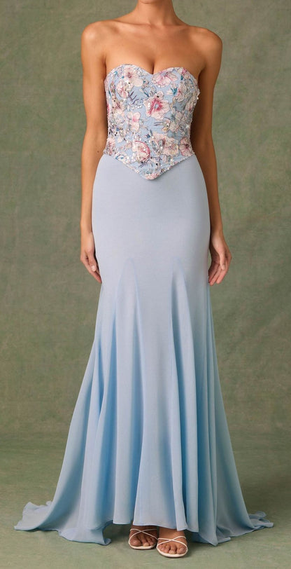 Fairy Blue Embroidery Floral Prom Dresses Slim Chiffon Evening Party Dress,LTP4143