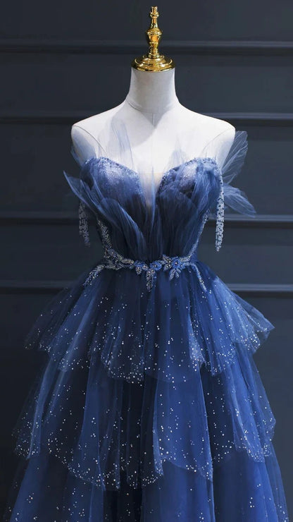 Fairy Blue Tulle Ruffle Prom Dresses V-neck Long Evening Party Dress With Beaded,LTP4052