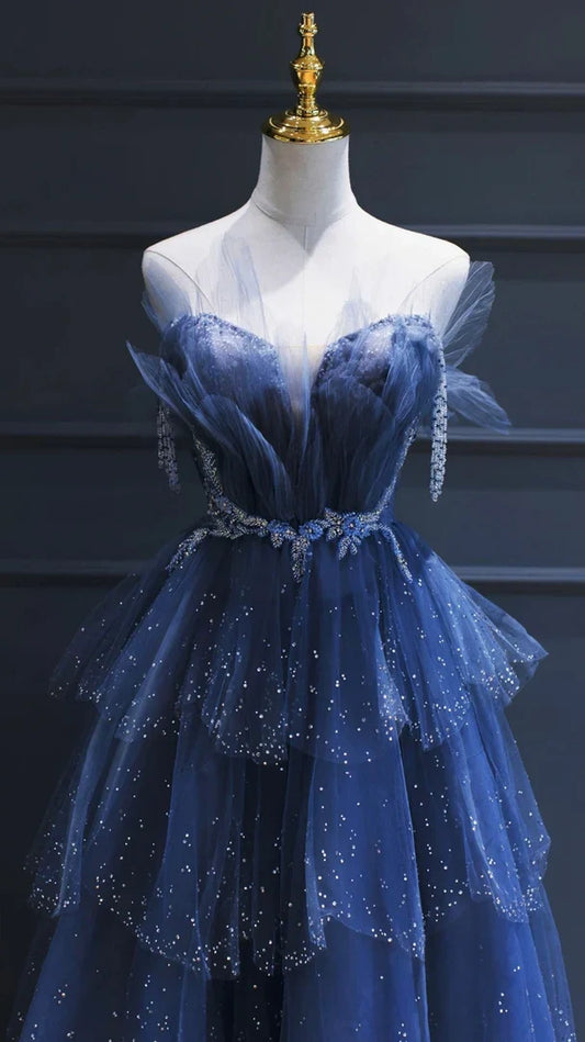 Fairy Blue Tulle Ruffle Prom Dresses V-neck Long Evening Party Dress With Beaded,LTP4052