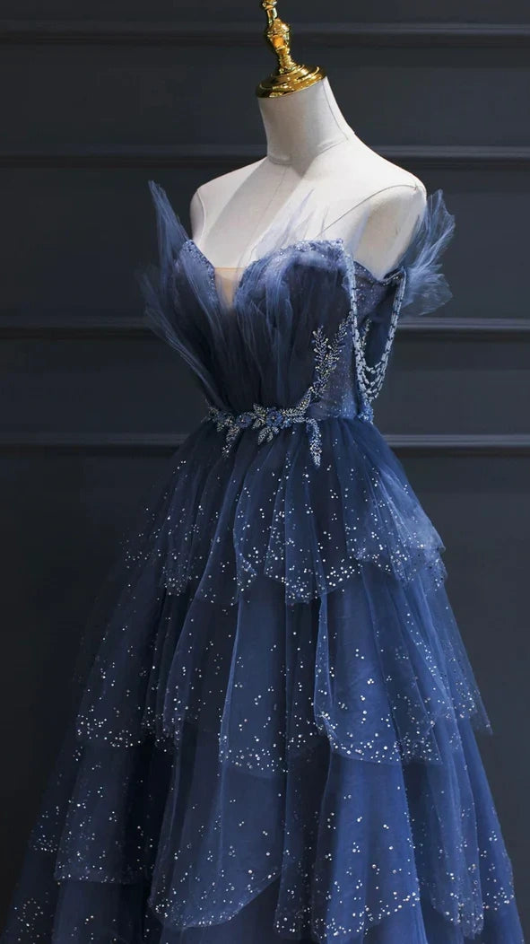 Fairy Blue Tulle Ruffle Prom Dresses V-neck Long Evening Party Dress With Beaded,LTP4052