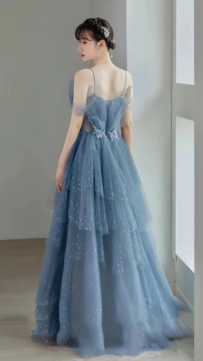 Fairy Blue Tulle Ruffle Prom Dresses V-neck Long Evening Party Dress With Beaded,LTP4052