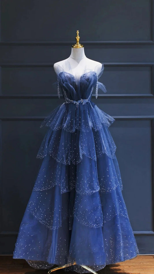 Fairy Blue Tulle Ruffle Prom Dresses V-neck Long Evening Party Dress With Beaded,LTP4052