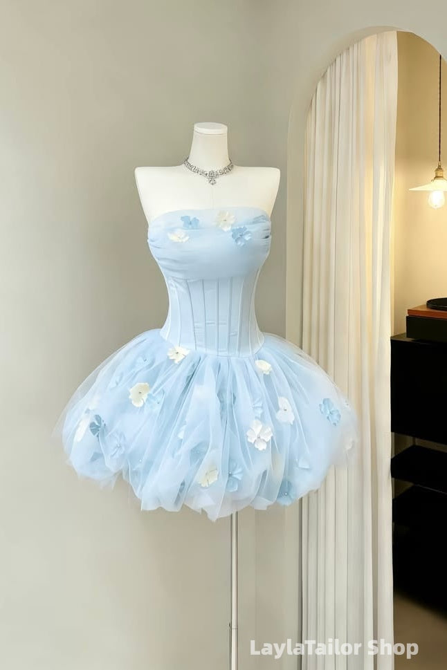 Fairy Strapless Light Blue Floral Junior Homecoming Dresses