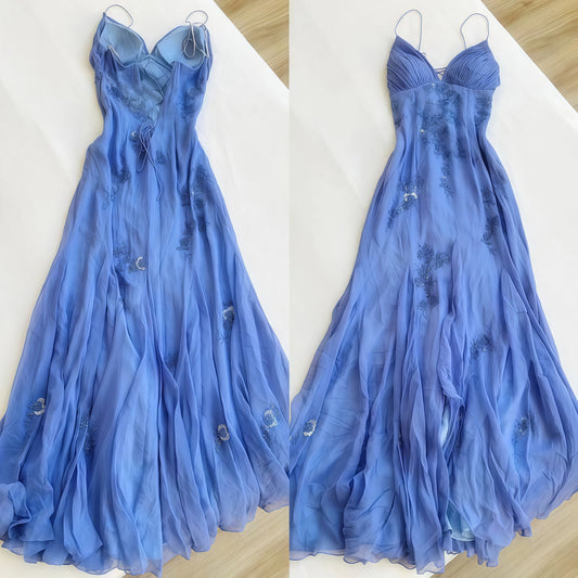 Fairy Blue/Purple Spaghetti Straps Appliques Chiffon Prom Dresses