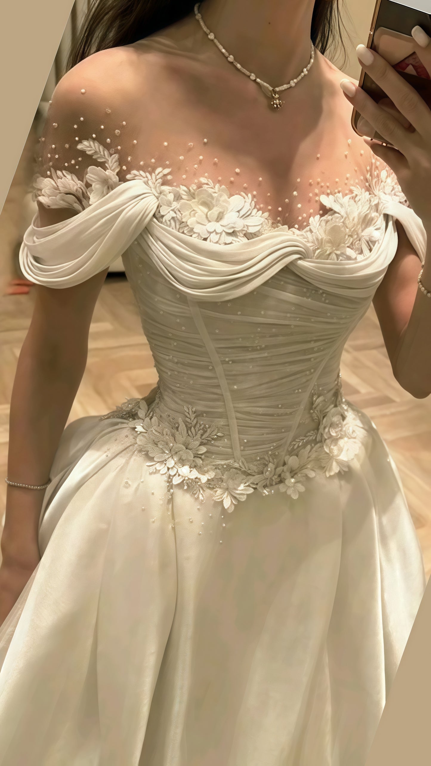 Fairytale Ivory Beaded Floral Wedding Dress Off The Shoulder Bridal Gown, LTP3757