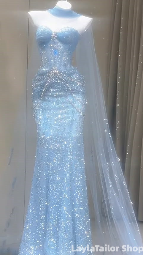 Fairytale Light Blue Sequin Beaded Mermaid Prom Dresses With Neck Scarf