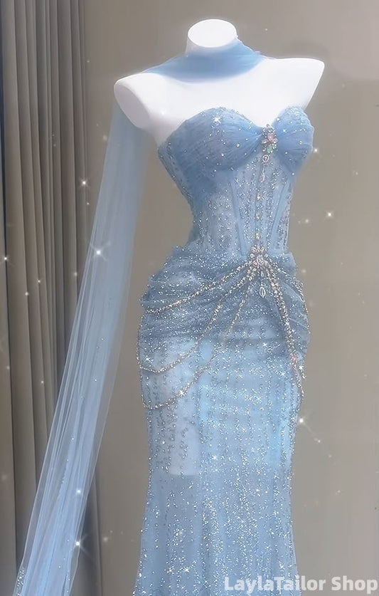 Fairytale Light Blue Sequin Beaded Mermaid Prom Dresses With Neck Scarf