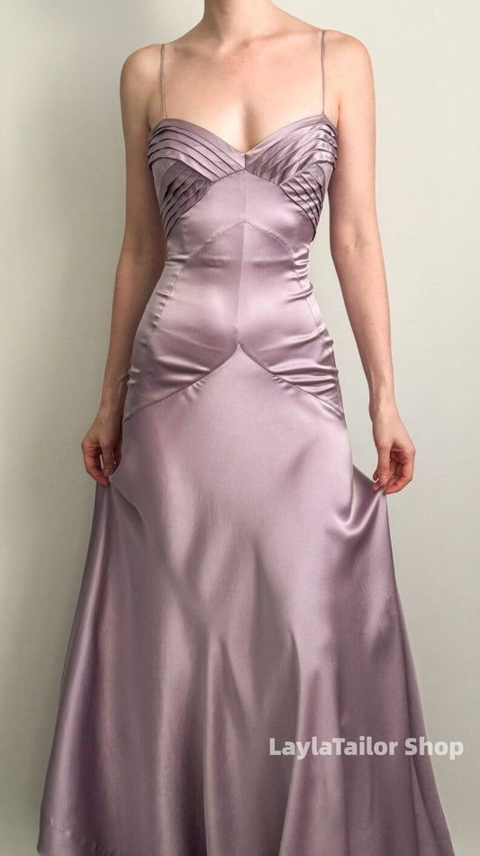 Fantasy Grey Purple Satin Prom Dresses Pleated V-neck Bridesmaid Dress,LTP4572