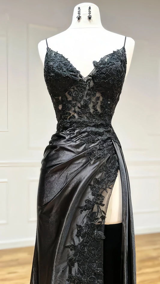 Fashion Black Spaghetti Straps Appliques Prom Dresses Long Evening Party Dress With Slit,LTP4051