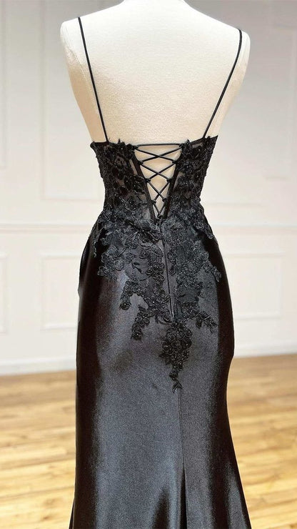 Fashion Black Spaghetti Straps Appliques Prom Dresses Long Evening Party Dress With Slit,LTP4051
