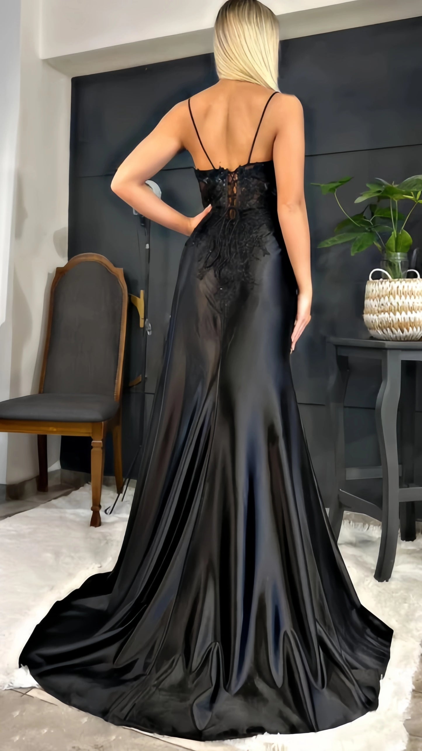 Fashion Black Spaghetti Straps Appliques Prom Dresses Long Evening Party Dress With Slit,LTP4051