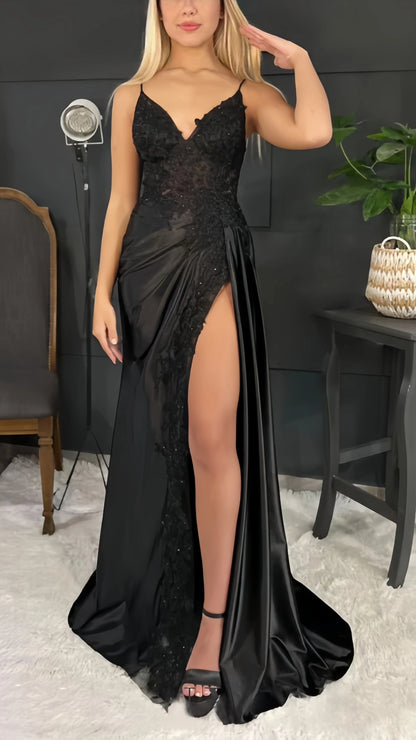Fashion Black Spaghetti Straps Appliques Prom Dresses Long Evening Party Dress With Slit,LTP4051