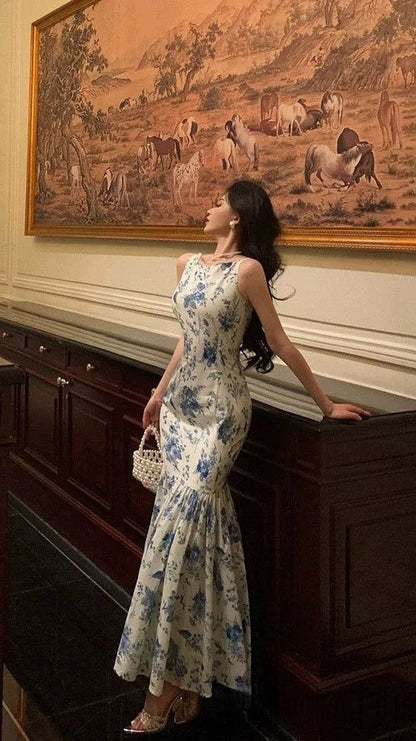 Fashion Floral Blue White Mermaid Prom Dresses Sleeveless Evening Party Dress,LTP4206