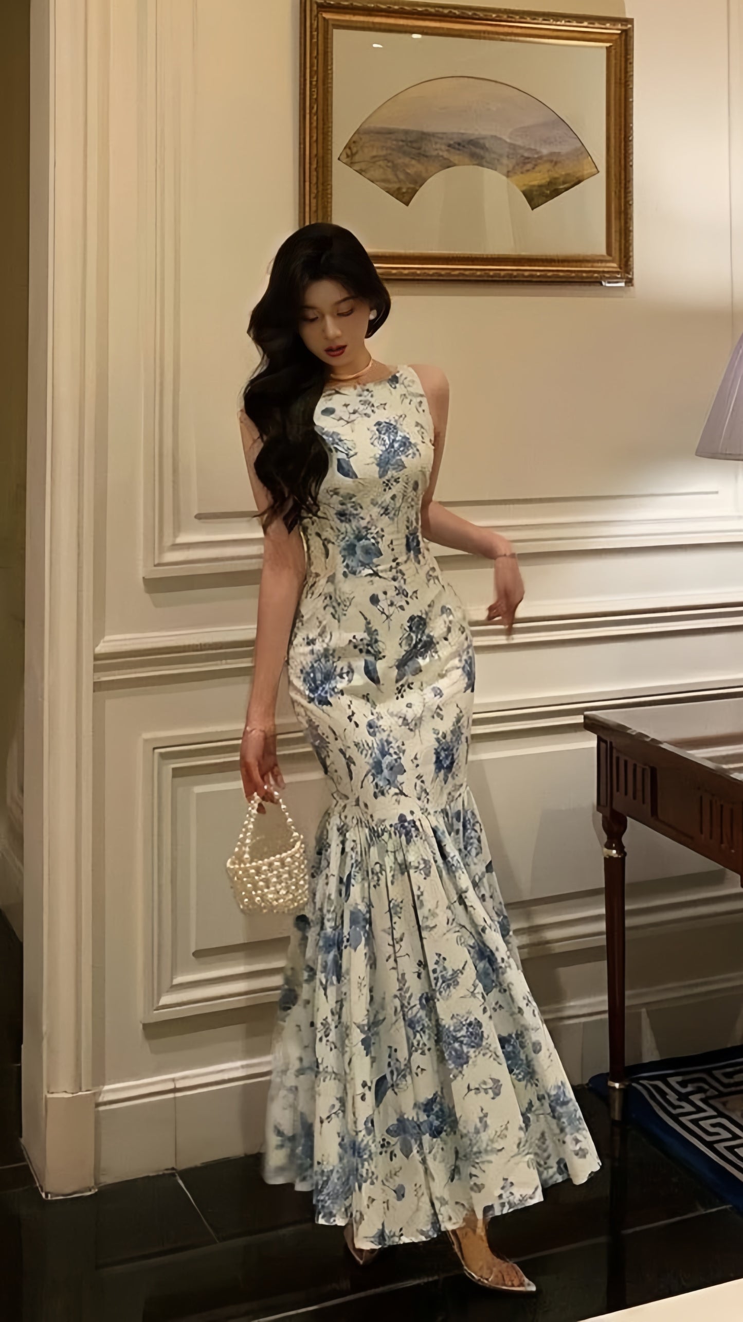 Fashion Floral Blue White Mermaid Prom Dresses Sleeveless Evening Party Dress,LTP4206