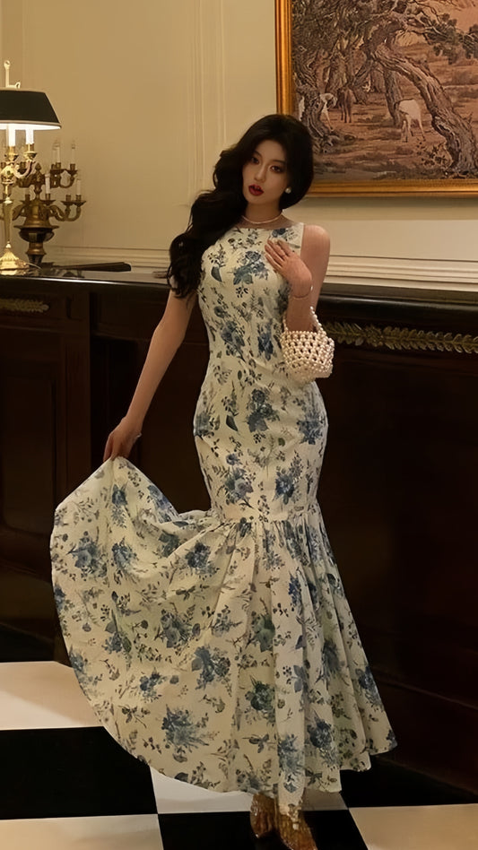 Fashion Floral Blue White Mermaid Prom Dresses Sleeveless Evening Party Dress,LTP4206