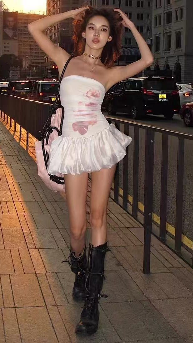 Fashion White Floral Mini Homecoming Dresses Strapless Short Prom Dress,LTP3958