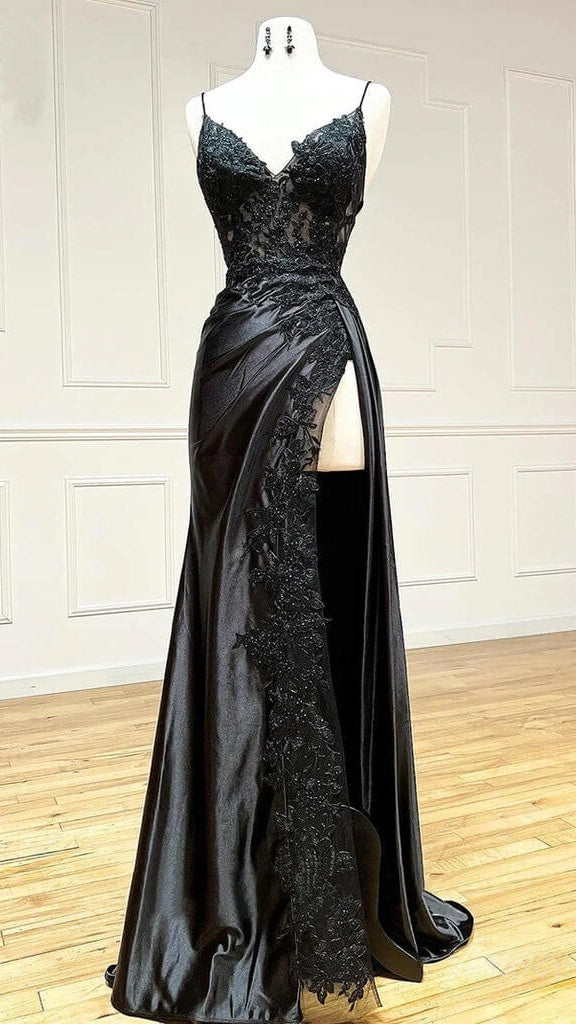 Fashion Black Spaghetti Straps Appliques Prom Dresses Long Evening Party Dress With Slit,LTP4051